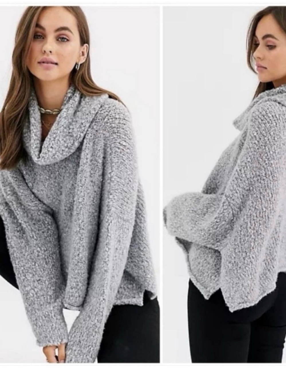 Free People Heather Gray Chunky Cowl Neck Sweater